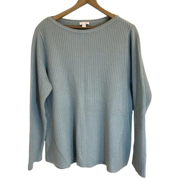 J. Jill Cable Knit Pullover Cotton Blend Sweater Light Teal Boat Neck, sz Large - Picture 1 of 9
